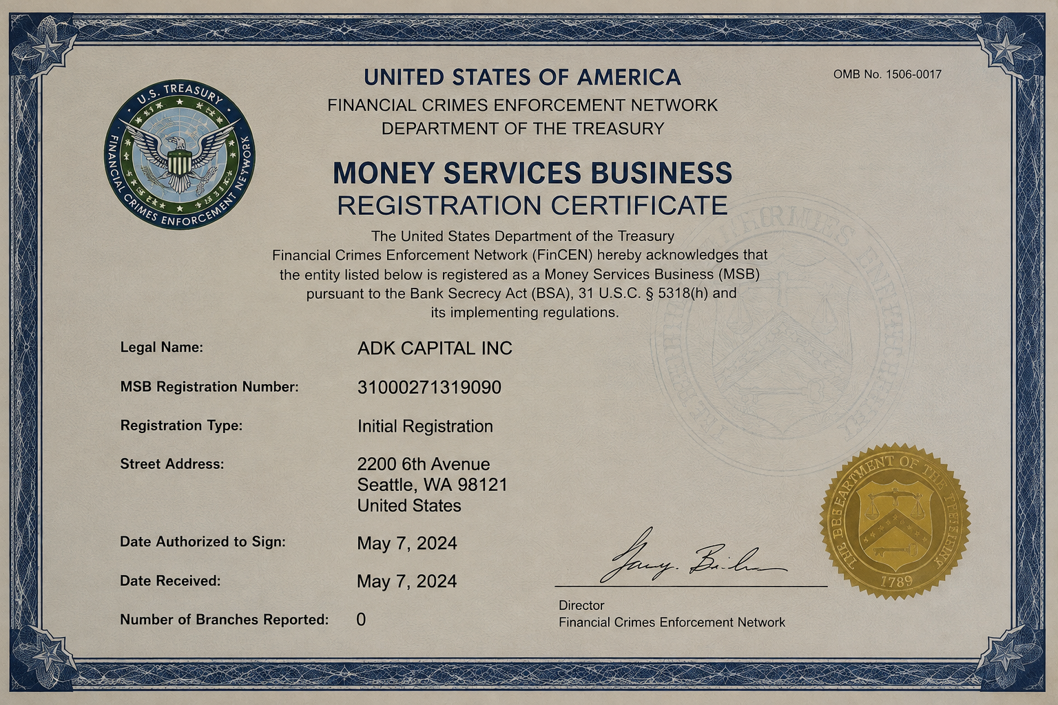 ADK Capital certificate